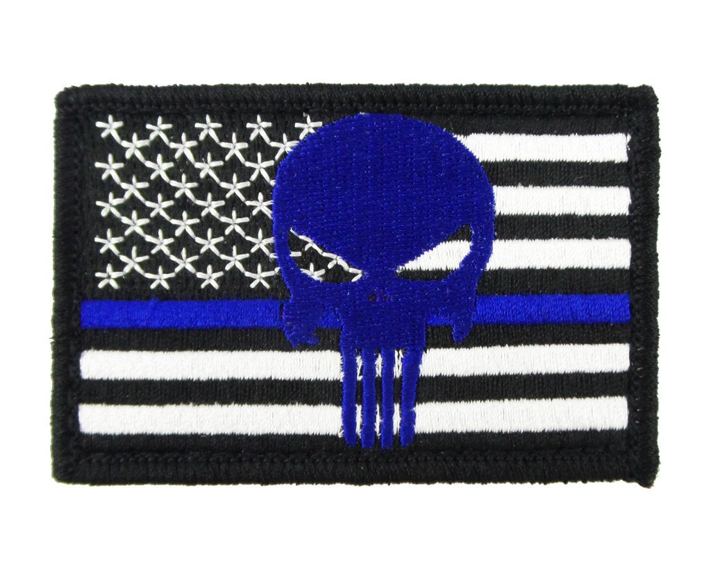 USA American Thin Blue Line Punisher Police Flag - Velcro Backed Fully Embroidered Patch
