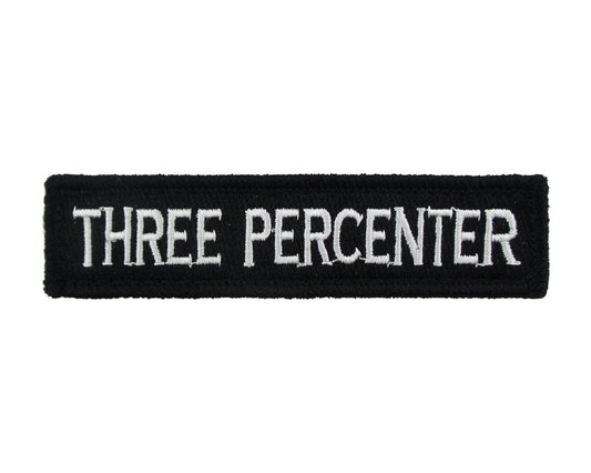 Three Percenter - Velcro Backed Fully Embroidered Patch 1 x 4